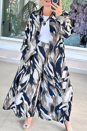 Multicolor Casual Print Pocket Buckle Patchwork Turndown Collar Long Sleeve Two Pieces