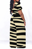 Beige Casual Plaid Striped Print Contrast O Neck Short Sleeve Two Pieces