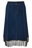 Deep Blue Casual Solid Color Fringed Trim Buttons Patchwork Zipper Straight Plus Size 