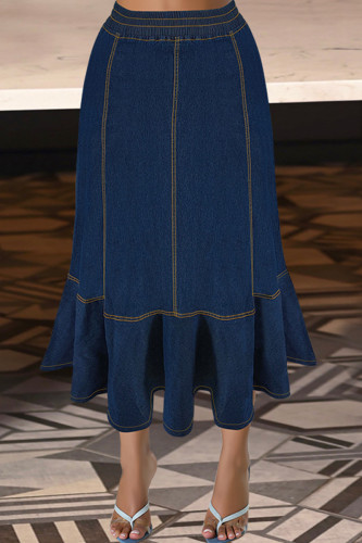 Deep Blue Casual Solid Color Patchwork A Line Plus Size 