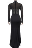 Black Elegant Solid Color Patchwork High Slit Hot Drill Zipper Turtleneck Long Dresses