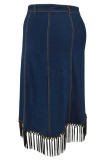 Deep Blue Casual Solid Color Fringed Trim Buttons Patchwork Zipper Straight Plus Size 