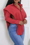 Red Casual Solid Color Buckle Patchwork Turndown Collar Tops