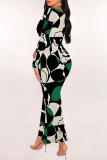 Black Gray Elegant Geometric Print Contrast U Neck One Step Skirt Dresses