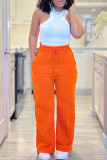 Tangerine Red Casual Solid Color Draw String Pocket Patchwork Loose High Waist Wide Leg Patchwork Bottoms