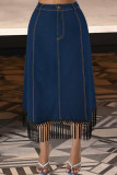 Deep Blue Casual Solid Color Fringed Trim Buttons Patchwork Zipper Straight Plus Size 