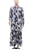 Multicolor Casual Print Pocket Buckle Patchwork Turndown Collar Long Sleeve Two Pieces