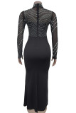 Red Elegant Patchwork Slit Hot Drill Zipper O Neck Long Dresses
