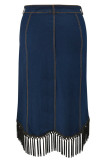 Deep Blue Casual Solid Color Fringed Trim Buttons Patchwork Zipper Straight Plus Size 