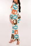 Black Gray Elegant Geometric Print Contrast U Neck One Step Skirt Dresses