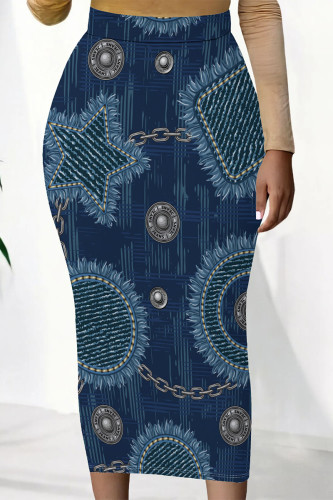 Dark Blue Casual Faux Denim Print Contrast Regular High Waist Full Print Bottoms