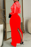 Red Elegant Patchwork Slit Hot Drill Zipper O Neck Long Dresses