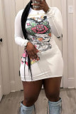 White Casual Print Patchwork O Neck Wrapped Skirt Dresses