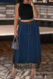 Deep Blue Casual Solid Color Fringed Trim Buttons Patchwork Zipper Straight Plus Size 