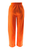 Tangerine Red Casual Solid Color Draw String Pocket Patchwork Loose High Waist Wide Leg Patchwork Bottoms