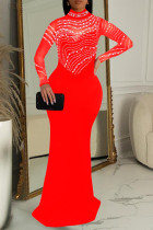 Red Elegant Patchwork Slit Hot Drill Zipper O Neck Long Dresses
