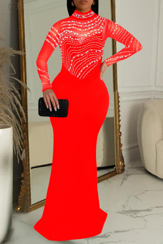 Red Elegant Patchwork Slit Hot Drill Zipper O Neck Long Dresses