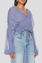 Blue Sexy Solid Color Patchwork See-Through Ruched Strap Design V Neck Tops