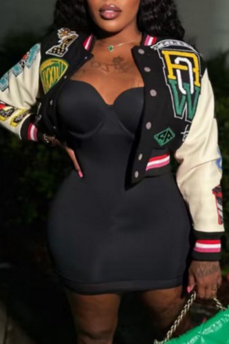 Black Casual Print Patchwork Outerwear