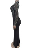 Red Elegant Patchwork Slit Hot Drill Zipper O Neck Long Dresses