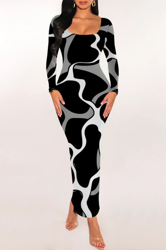 Black Gray Elegant Geometric Print Contrast U Neck One Step Skirt Dresses