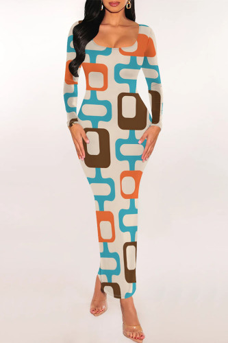 Apricot Elegant Geometric Print Contrast U Neck One Step Skirt Dresses