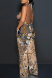 Blue Casual Gradient Chain print Lace Up Backless Contrast Halter Loose Jumpsuits