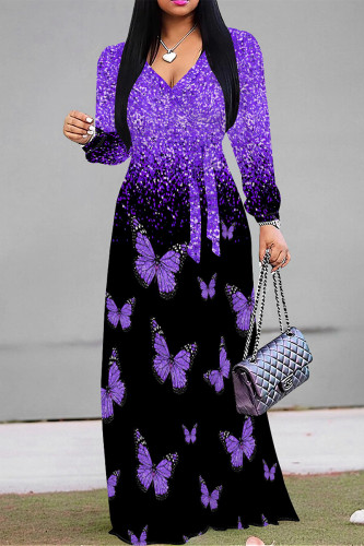 Black Purple Elegant Butterfly Lace Up Contrast V Neck Printed Dresses