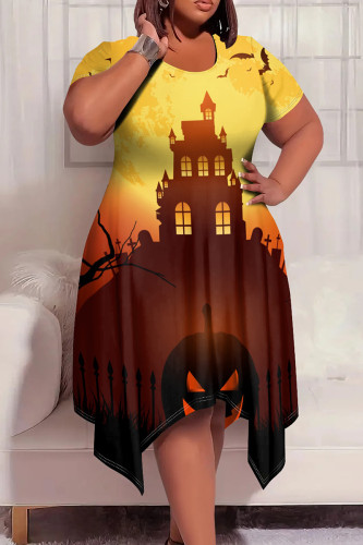 Orange Yellow Elegant Print Patchwork O Neck Irregular Plus Size Dresses