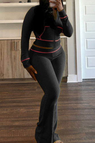 Black Casual Hooded Long Sleeve Pocket Zipper Crop Jackets And Flare Leg Pants Two Pieces Jogger Sets
