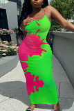 Green Sexy Casual Print Backless Spaghetti Strap Long Dresses