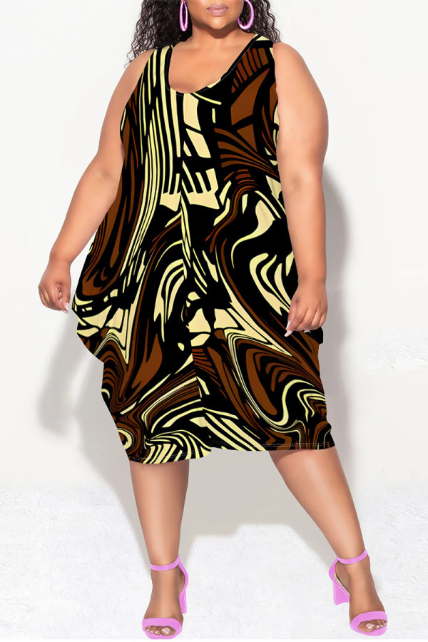 Dark Brown Casual Geometric Print Camouflage Print Contrast V Neck Lantern Skirt Plus Size Dresses