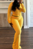 Yellow Casual Hooded Long Sleeve Pocket Zipper Crop Jackets And Flare Leg Pants Two Pieces Jogger Sets