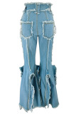 Light Blue Street Solid Color Pocket Buttons Patchwork Slit Zipper High Waist Boot Cut Denim Jeans