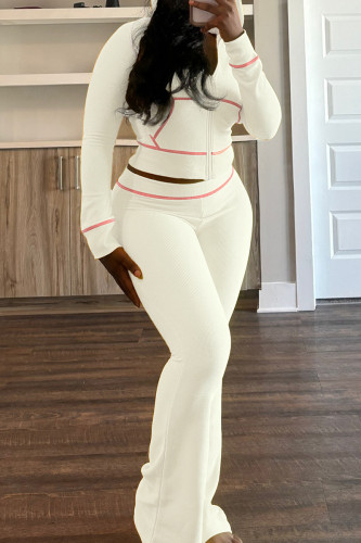 White Casual Hooded Long Sleeve Pocket Zipper Crop Jackets And Flare Leg Pants Two Pieces Jogger Sets