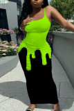 Green Sexy Casual Print Backless Spaghetti Strap Long Dresses