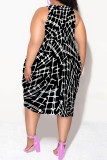 Baby Blue Casual Geometric Print Camouflage Print Contrast V Neck Lantern Skirt Plus Size Dresses
