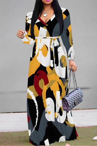 Multicolor Elegant Geometric Print Lace Up Contrast V Neck Printed Dresses