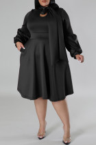 Black Elegant Solid Color Patchwork Strap Design Asymmetrical Collar A Line Plus Size Dresses