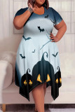 Gray Blue Elegant Print Patchwork O Neck Irregular Plus Size Dresses