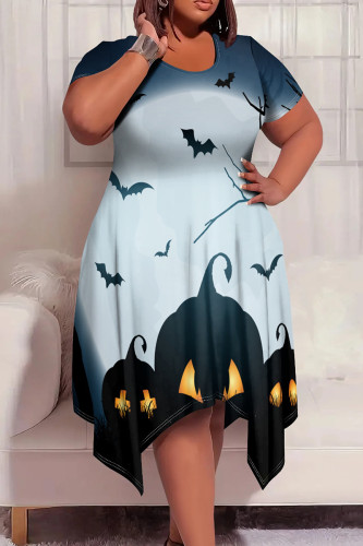 Gray Blue Elegant Print Patchwork O Neck Irregular Plus Size Dresses