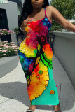 Green Sexy Casual Print Backless Spaghetti Strap Long Dresses