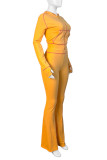 Yellow Casual Hooded Long Sleeve Pocket Zipper Crop Jackets And Flare Leg Pants Two Pieces Jogger Sets