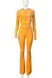 Yellow Casual Hooded Long Sleeve Pocket Zipper Crop Jackets And Flare Leg Pants Two Pieces Jogger Sets