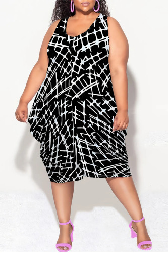 Black Casual Geometric Print Camouflage Print Contrast V Neck Lantern Skirt Plus Size Dresses