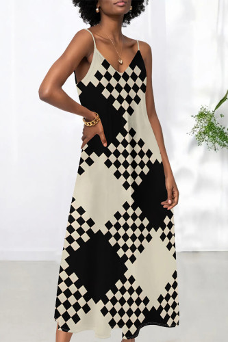 Black White Sexy Plaid Butterfly Print Stripe Contrast V Neck Printed Dresses
