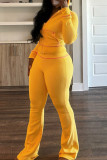 Yellow Casual Hooded Long Sleeve Pocket Zipper Crop Jackets And Flare Leg Pants Two Pieces Jogger Sets