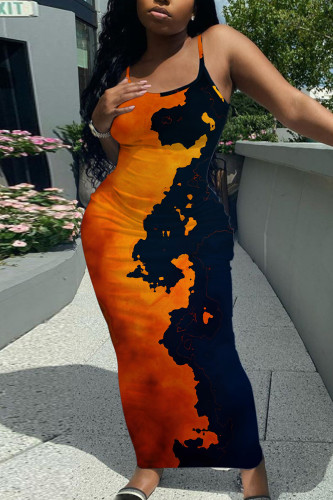 Tangerine Red Sexy Casual Print Backless Spaghetti Strap Long Dresses