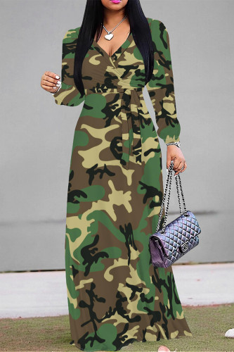 Camouflage Elegant Butterfly Lace Up Contrast V Neck Printed Dresses