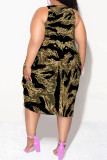 Baby Blue Casual Geometric Print Camouflage Print Contrast V Neck Lantern Skirt Plus Size Dresses